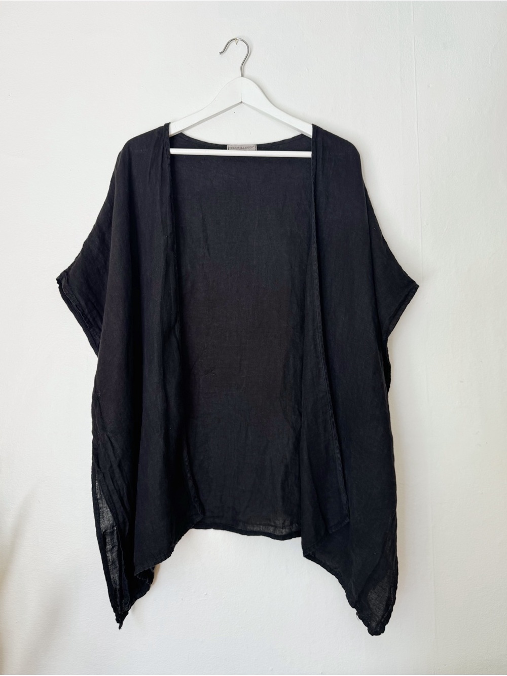 Black Italian 100% Linen Open-Front Draped Kimono Cardigan